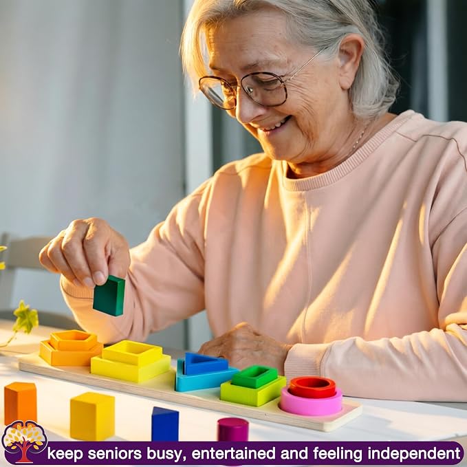 Dementia Toys for Seniors, Wooden Activities for Alzheimer Patients | Easy Color & Number Cognitive Dementia Product for Elderly, 15 Pieces Parkinson Game Puzzle Shape Pattern Matching Board Gift