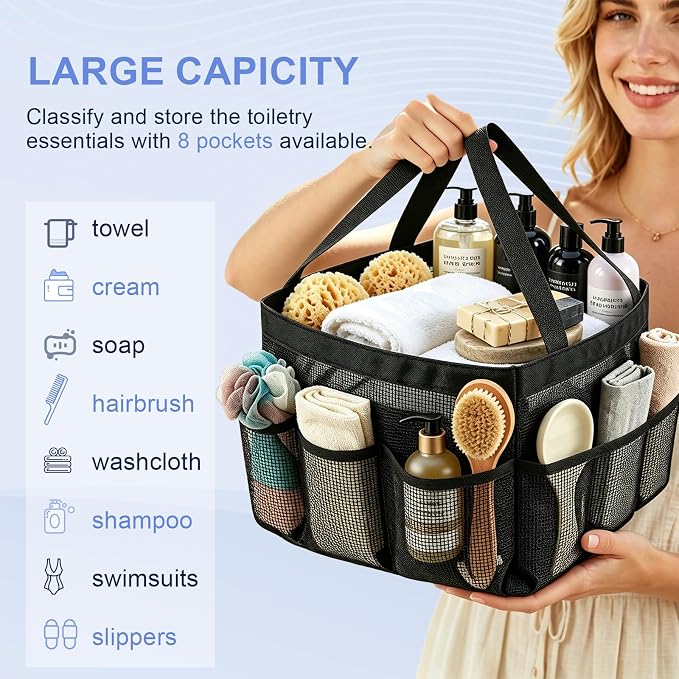 Mesh Shower Caddy Portable for College Dorm Room Essentials, 8-Pocket Quick Dry Hanging Shower Tote Bag with 2 Handles for Beach, Swimming, Gym, Travel Essentials