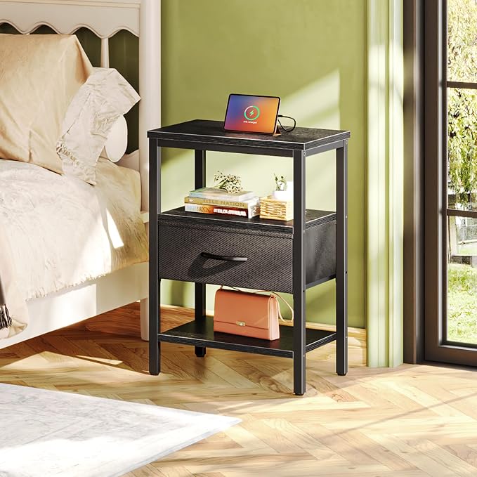 SUPERJARE Nightstand Set of 2 with Charging Station, USB-C Port, End Tables | Night Stand for Bedroom, with Adjustable Fabric Drawer, 3-Tier Storage Bedside Tables for Living Room, Black
