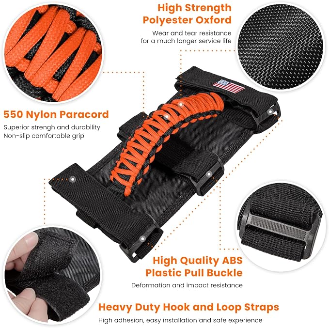 4 x Roll Bar Grab Handles Grip Handle for Jeep Wrangler JK JKU JL JLU TJ YJ Sport Sahara Freedom Rubicon Unlimited Gladiator JT 1955-2023 UTV ATV Premium Paracord Interior Accessories US Flag (Orange)