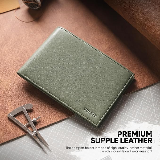 VULKIT Bilfold Passport Holder Leather RFID Blocking Passport Wallet with Hidden Pocket Slim Travel Documents Organizer for Men or Women (Passport, Card, Cash, Coin, SIM Card, Ticket)