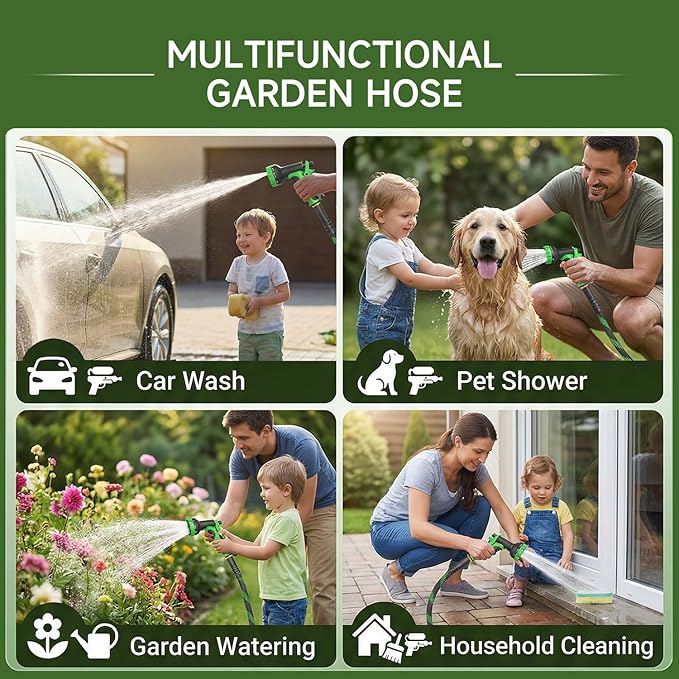 Non-Expandable Garden Hose 125 FT, Heavy-Duty & Flexible Water Hose with 10-Function Nozzle, Kink-Free & Leak-Proof Design, Ultra Lightweight Portable Yard Hose for Lawn, Car, Outdoor Use