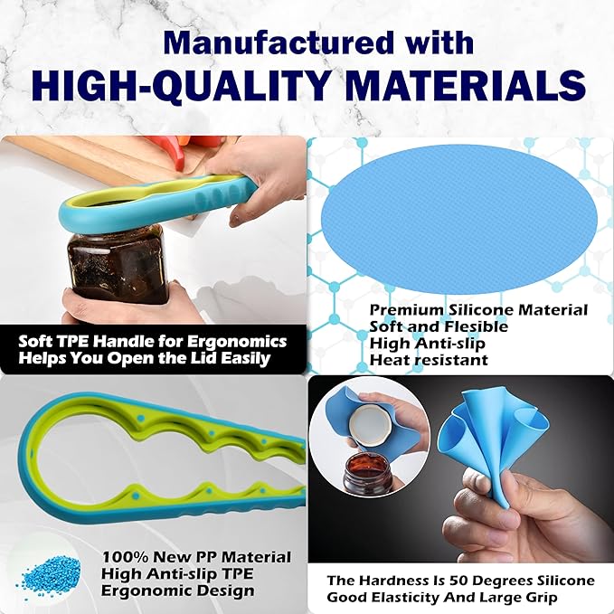 Jar Opener Set, stainless steel opener, 4-in-1 opener, silicone pad, Jar Opener for Seniors with Arthritis,Jar Openers Good for Seniors,Lid Opener for Weak Hands,wood handle