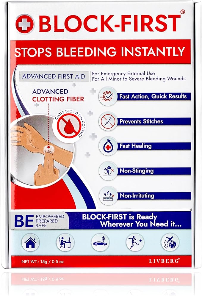 BLOCK-FIRST Advanced First Aid Kit– Stops Bleeding Instantly & Prevents Stitches, Emergency Trauma Medical Kit for Home, Car, Travel, Camping, Hiking, Office, Sports, Outdoor Survival, Multi-Use Pack