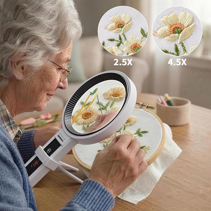 JARLINK Magnifying Glass with Light and Stand, 5.5-Inch Large Magnifier | 5.5-Inch Large Lens with 34 LED and Adjustable Brightness. Handheld and Stand Magnifier for Seniors Reading and Inspection