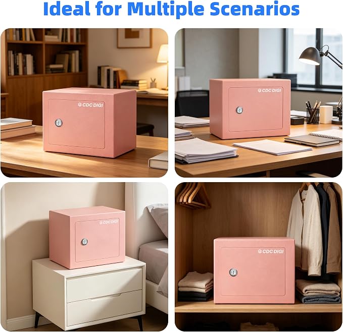 CDC DIGI Steel Security Safe Box with Key Lock,Safe Box for Home, Office, Money, Jewelry, Documents and Valuables, 0.23 Cubic Feet, 9.06" W x 6.69" D x 6.69" H, Pink