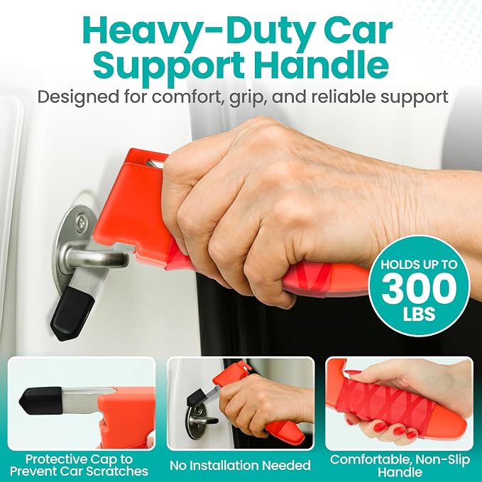 Car Door Handle for Elderly - Car Cane Mobility Aid Tool, Steel Hook, Supports Up to 300 lbs, 3 in 1 Car Door Latch Bar for Seniors & Handicapped, Easy Tool-Free Use, Pack of 2 - (Red)