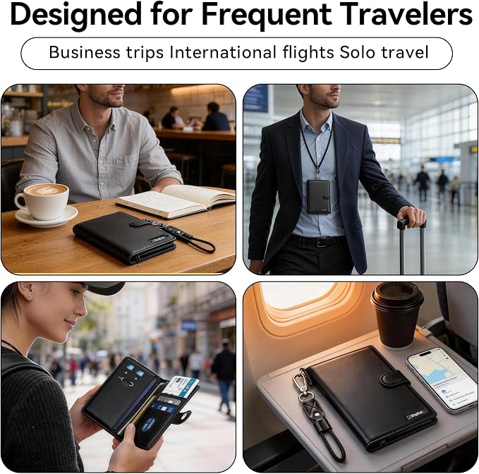 Trackable Passport Holder for Travel, RFID Blocking Wallet, Black | Rechargeable PU leather cover works with Apple Find My and is Apple MFi certified; it includes card storage and a lanyard.