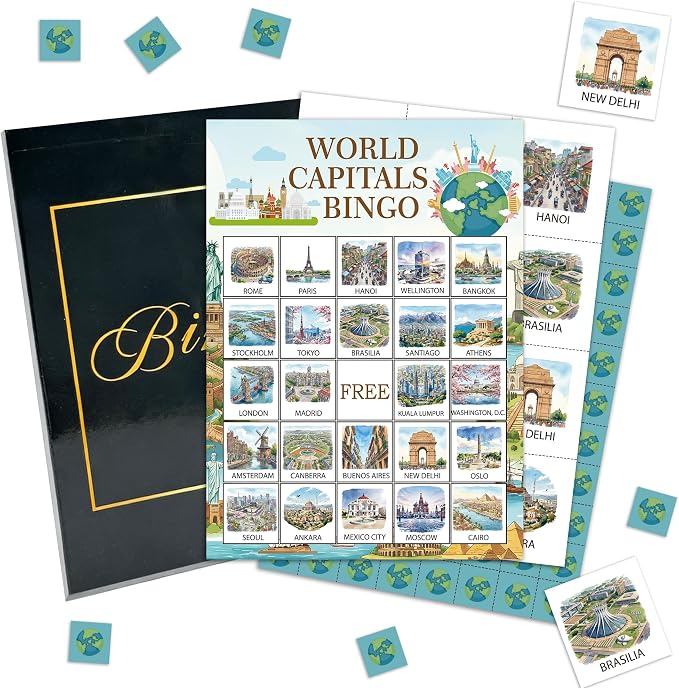 World Travel Bingo Game Cards, World Capitals Bingo Set For Adults Large Group, City Themed Fun Games, Icebreaker Games for Indoor Outdoor Activities, Travel Lover Gifts For Family Friends, 15