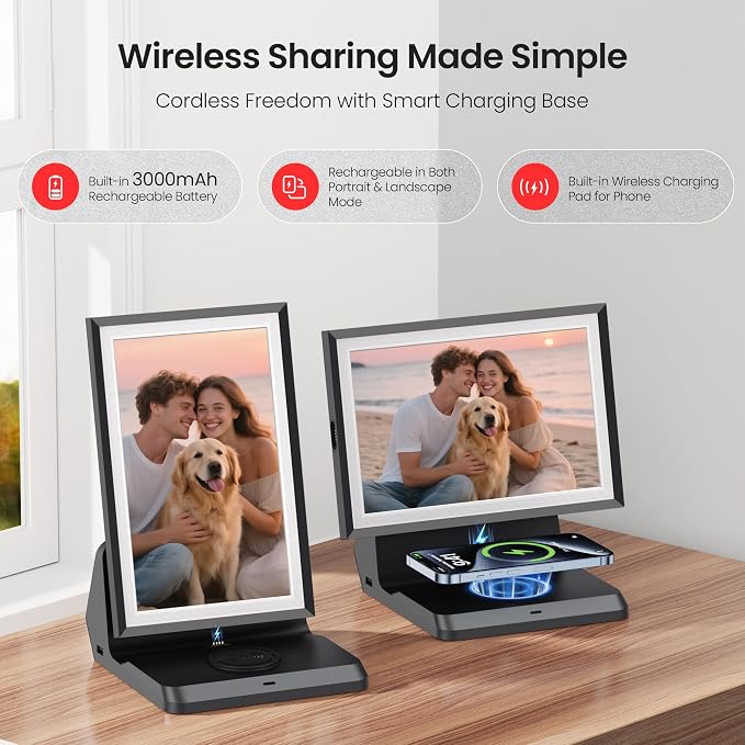 BIGASUO Digital Picture Frame Frameo 10.1", WiFi Photos & Videos Sharing, 3000mAh Battery & Wireless Charging, 1280x800 IPS Touch Screen, 32GB Storage, Support USB/SD Card