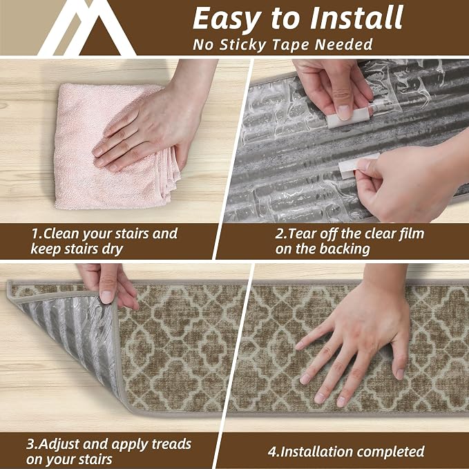 COSY HOMEER Stair Treads for Wooden Steps Indoor with TPE Backing,15Pcs | Non-Slip Carpet Stair Treads, Soft Peel and Stick Stair Runners,Pet-Friendly Stair Runner Washable Reusable,Fern Brown