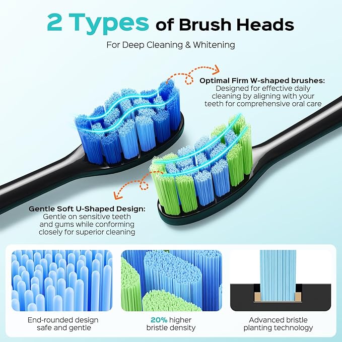 COSLUS Sonic Electric Toothbrush for Adults & Kids: 3 Intensities & 5 Modes Gum-Friendly for Deep Cleaning & Whitening - 2 Types of Heads for Family, Sensitive Teeth, Brace, Black & Pink, 2PCS
