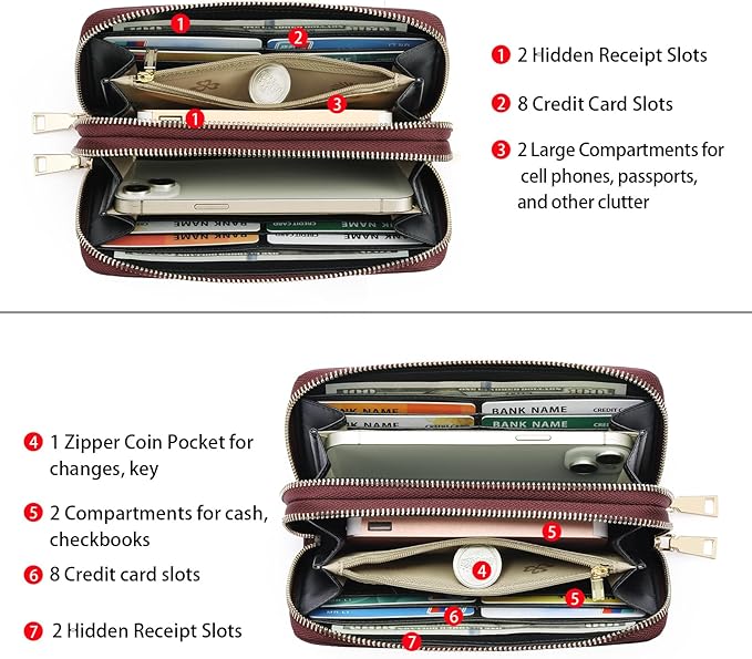 GOIACII Women's Wallet Large Capacity Double Zip Ladies Card Phone Holder RFID Blocking Wristlet Leather