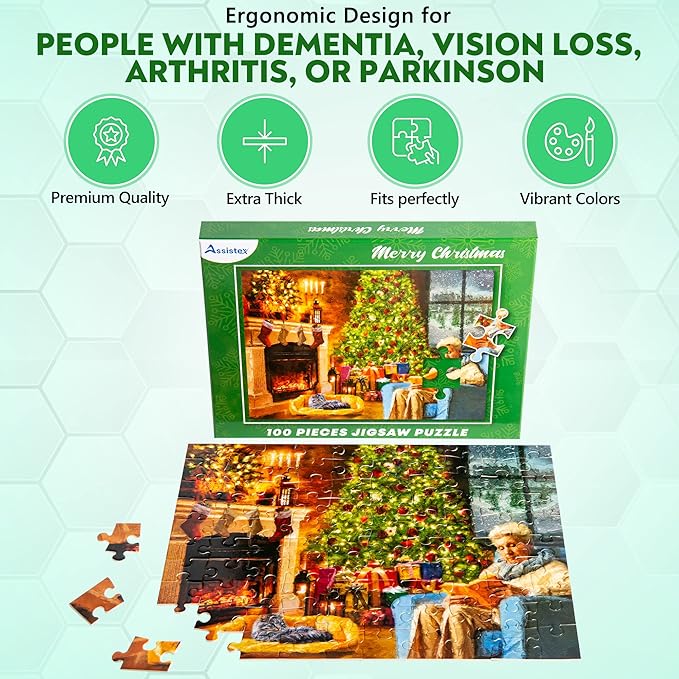 Assistex Large Piece Jigsaw Puzzle for Seniors with Dementia with Conversation Prompts, Large Piece Memory Game for Adults, Elderly, and Dementia Patients – Christmas Puzzle, 100 pcs