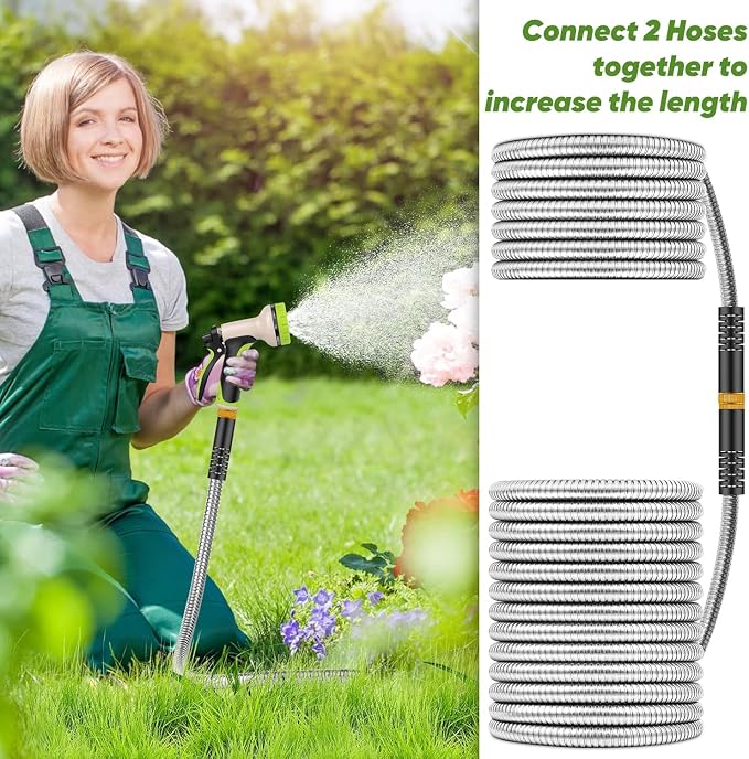 Unywarse Garden Hose 175ft, Stainless Steel Heavy Duty Water Hose with 10 Function Nozzle Flexible, Lightweight, No-Kink, Pet Proof, Puncture Proof Metal Hose for Yard, Outdoor