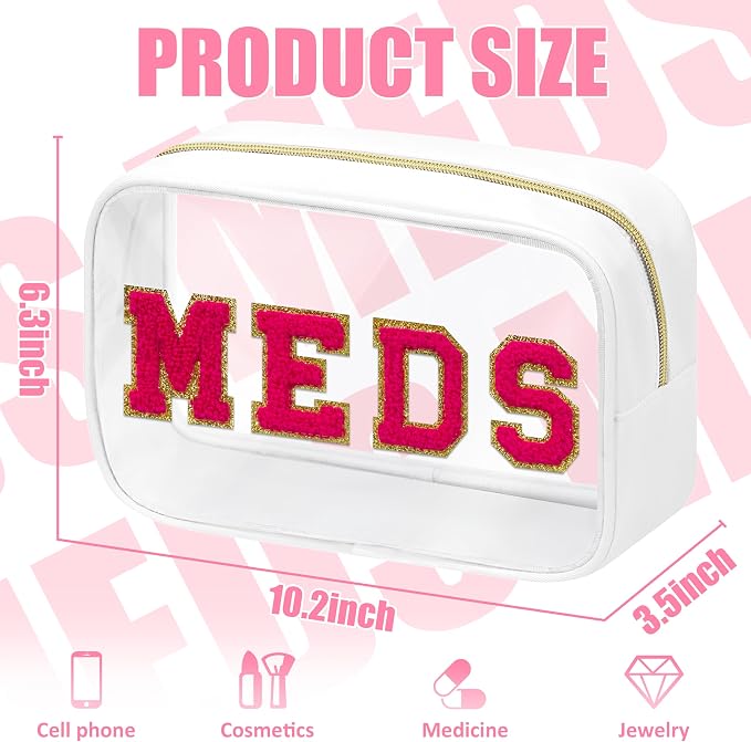 BuyCard Clear Meds Chenille Letter Nylon Makeup Bag - Portable Preppy Patch Cosmetic Toiletry Travel Storage Medicine Bag With Zipper for Women Girls White