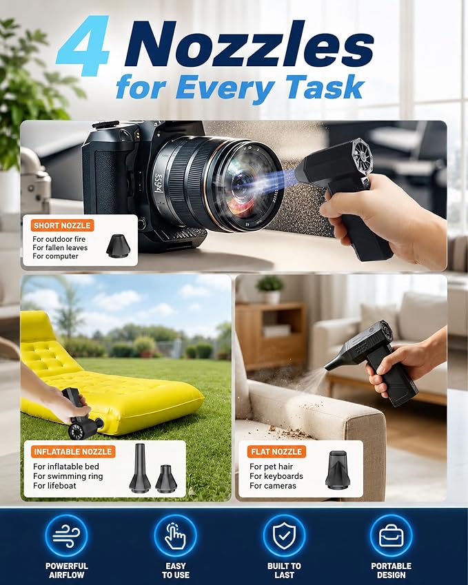 Compressed Air Duster, 180000RPM Electric Turbo Fan | Rechargeable Cordless Air Blower with 3 Speeds, Brushless Motor, Keyboard, Gaming PC & Electronics Cleaner