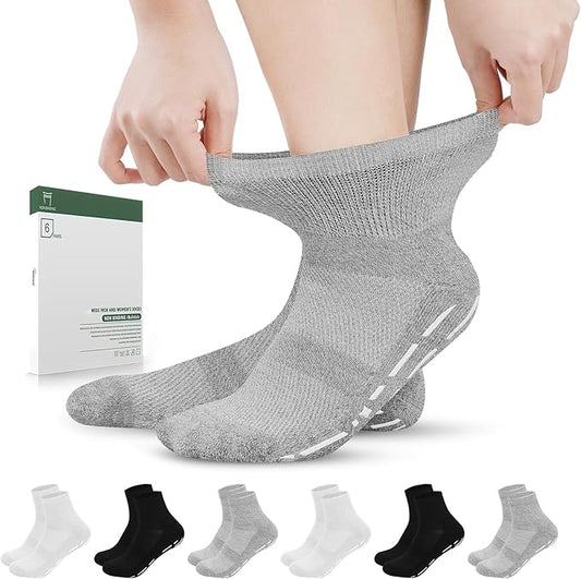 Bulinlulu Bamboo Viscose Diabetic Socks with Grippers for Men Women -6 Pairs Non Binding Ankle Slipper Socks Size 6-9 9-12