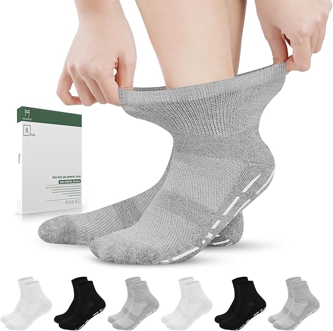 Bulinlulu Bamboo Viscose Diabetic Socks with Grippers for Men Women -6 Pairs Non Binding Ankle Slipper Socks Size 6-9 9-12