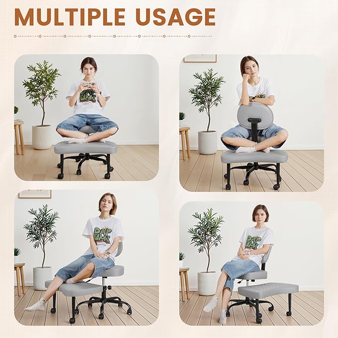 Ergonomic Cross Legged Office Chair with Wheels - Adjustable Height Kneeling Meditation Chairs for ADHD, Yoga & Desk Work - Wide Criss Cross Seat with Lumbar Support, Gray