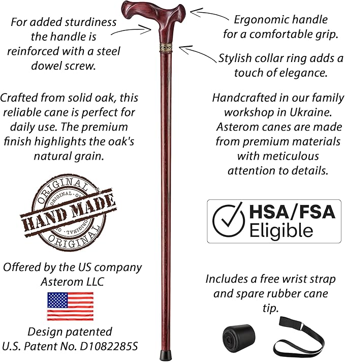 Asterom Walking Cane for Men & Women - Handmade, Ergonomic, Wooden Canes - Cool Walking Sticks for Seniors
