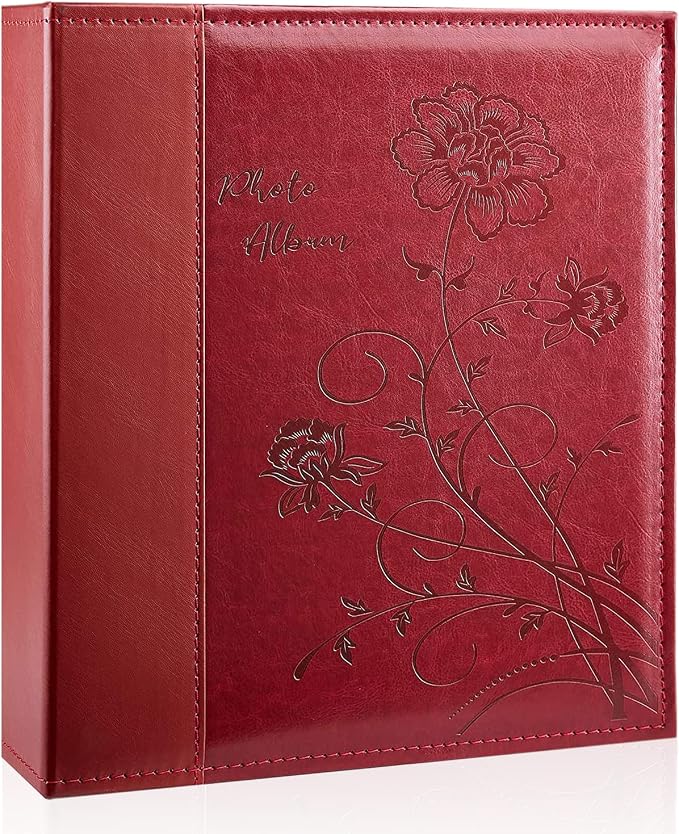 Photo Album 8x10 Clear Pages Pockets Leathe Cover Slip Slide in Photo Album Holds 50 Vertical 8x10 Photos Picture Book for Wedding Family (Red)