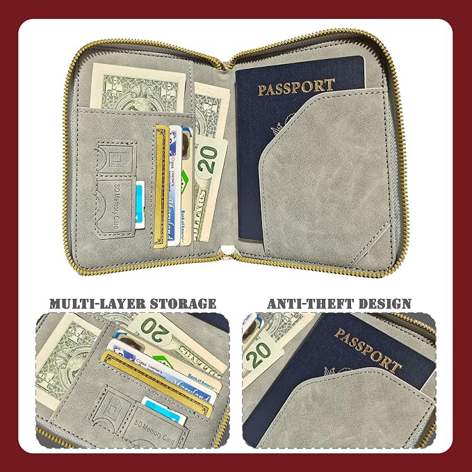 Passport Holder with Tether and Carabiner Clip to Prevent Loss and Theft, Rfid Passport Holder for Travel, Passport Cover, Wallet & Case for Men and Women (Gray - Tether and Carabiner)