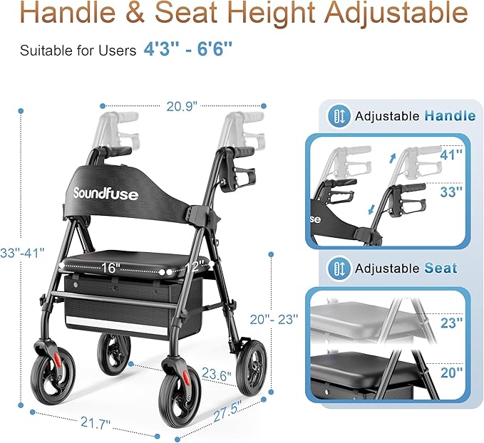 Rollator Walkers with Seat for Seniors, Foldable 8" Big Wheels All Terrain Rolling Walker, Handles and Ergonomic Seat Height Adjustable, 350 lb