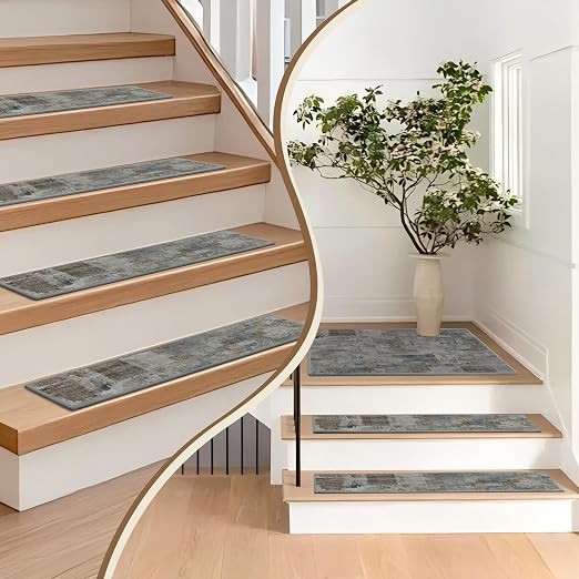 Non Slip Stair Treads for Wooden Steps, 15 Pack 8"x30" Washable Carpet | 8x30 in soft chenille polyester stair treads with reusable TPE backing for indoor wood stairs, dogs, kids, and seniors