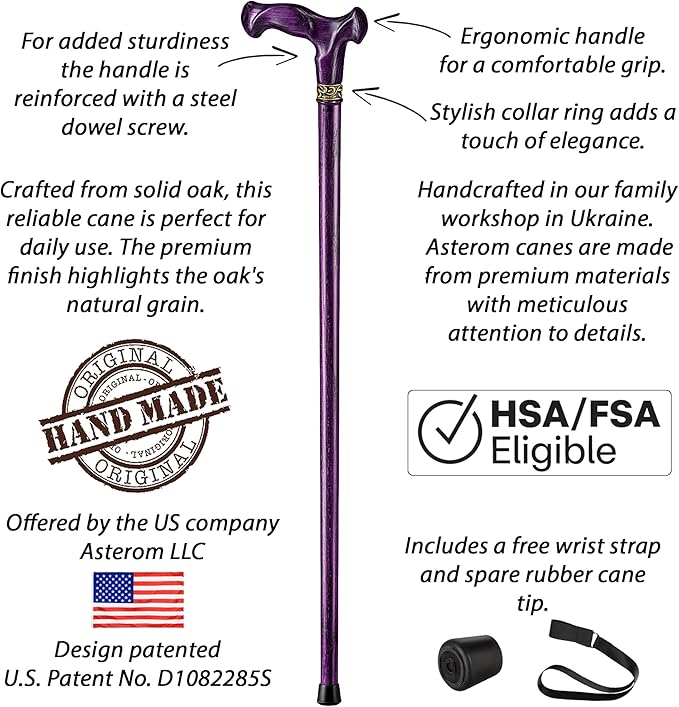 Asterom Walking Cane for Men & Women - Handmade, Ergonomic, Wooden Canes - Cool Walking Sticks for Seniors