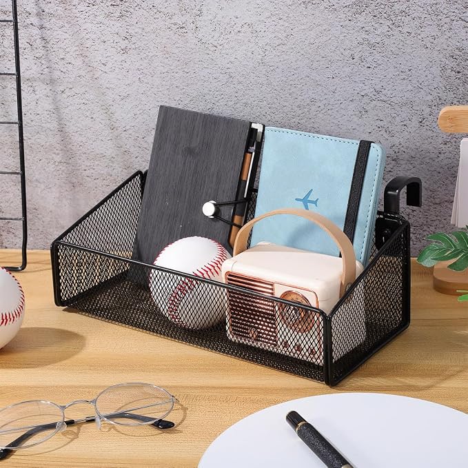 Luxshiny Bedside Hanging Storage Basket, Beside Shelf Metal Organizer Rack | No Drilling Required, Attaches to Bed Frame or Desk, Stores Phone and Books, 1 Basket with 10 Hooks