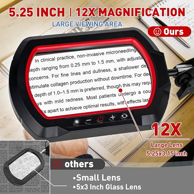 HITTI 12X Square Ultra Long Magnifying Glass with Light and Clamp | Hands Free Lighted Magnifier Stand, 5 Colors & Stepless Dimming LED Desk Lamp for Workbench, Repair, Crafting, Painting-Red