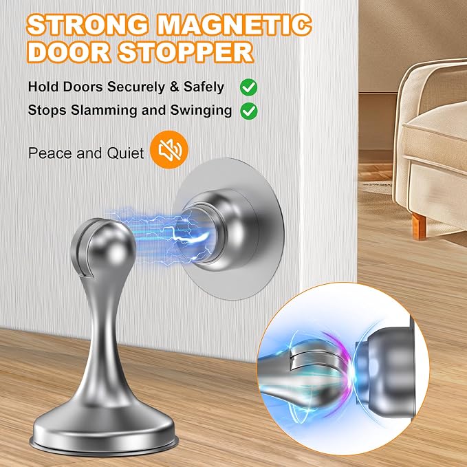 Crosize Magnetic Door Stoppers 2 Pack, Stainless Steel Door Stops for Wall and Floor Mounting, Door Holder Keep Door Open, No Drilling Door Stop with Adhesive Tapes, Silver