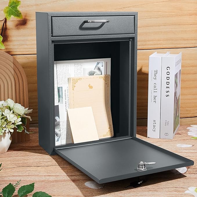 Yaocom Locking Mailbox with Key for Outdoor 16.2 x 11.2 x 4.7 Inches Large Wall Mount Mail Box with Lock Security Mail Drop Metal Collection Boxes Hanging Secure Postbox(Dark Gray)