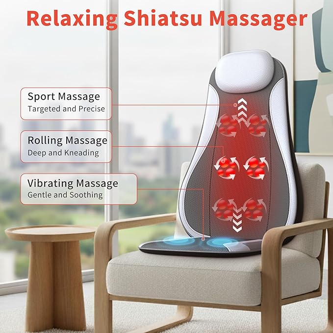 Shiatu Back Massager with Heat, Kneading Rolling Vibration Chair Massager for Deep Tissue Pain Relief, Massage Chair Pad for Home & Office, Ideal Gift for Dad & Mom