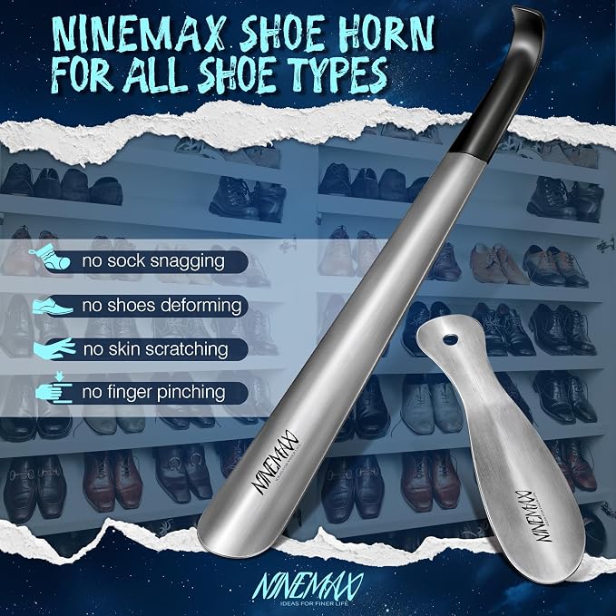 NINEMAX Shoe Horn Long Handle for Seniors Men Women, Metal Long Shoehorn Boot Horn 16.5'', Travel Small Stainless Steel Shoe Spoon Helper for Kids 7.5''
