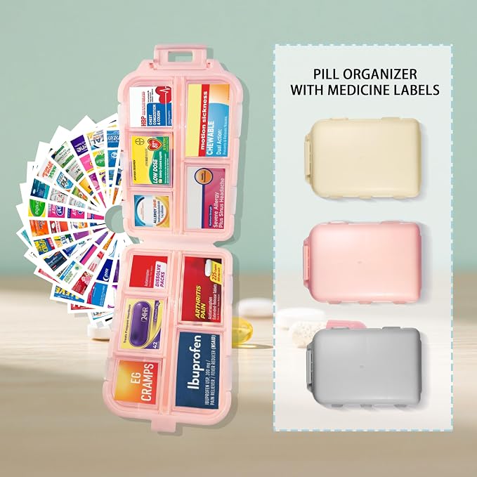 Pill Organizer 3 Pack with 146x3 Medicine Labels, Pink Grey Beige | Set of 3 travel pill cases with 10 compartments each and 146 medicine labels for 7-day planning, daily use, work, and trips