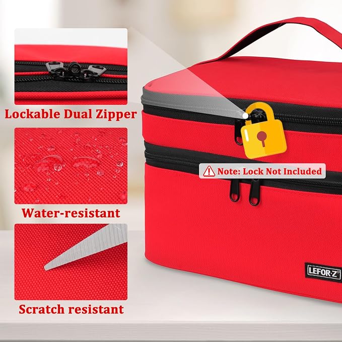 LEFOR·Z Medicine Storage Bag,Double Layers Pill Bottle Organizer Bag Empty with Lockable Zipper&Adjustable Divider,Medication Travel Carrying Bag for Pills,Vitamins,Medical Supplies,Red