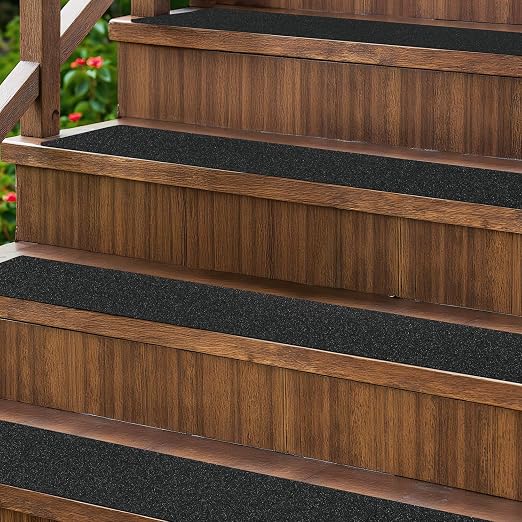 Outdoor Stair Treads for Wooden Steps Non Slip, KOOTETA 8 Pack 30" x 6"Anti Slip Strips Adhesive for Stair, Waterproof Weather Resistant Exterior Grip Tape 80-Grit Non Skid Traction Stair Treads,Black
