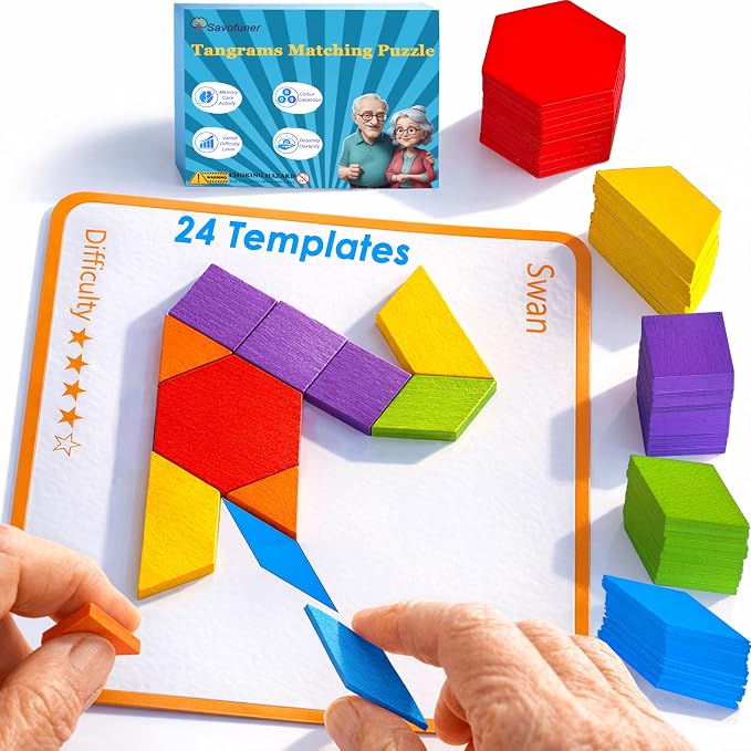 Memory Game for Senior, Dementia Activities Toy Tangram Puzzle for Elderly | 80 Pieces Wooden Cognitive Games for Alzheimer Patients, Large Colorful Shape Pattern Matching Board Brain Care Gifts Craft