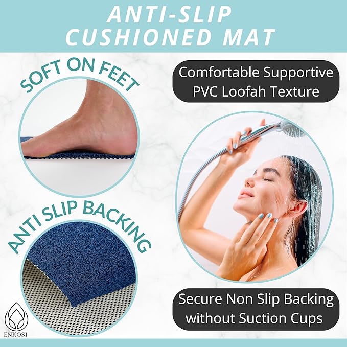 Soft Shower Mat Non Slip - PVC Loofah Inside or Outside Showers, Bathtubs, Bathrooms, and Wet Areas - Safe for Textured Tiled and Smooth Floor - No Suction Cups Secure Anti Slip (Navy 24 x 47)