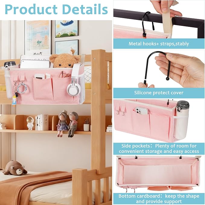 Bedside Caddy, Bedside Storage Bag Hanging Organizer for Bunk Dorm Bed Rail | Bed Caddy with Hooks, Top Bunks and Dorm Essentials for Water, Tissues, Tablets, Books, Phones, Remotes and Other Necessories