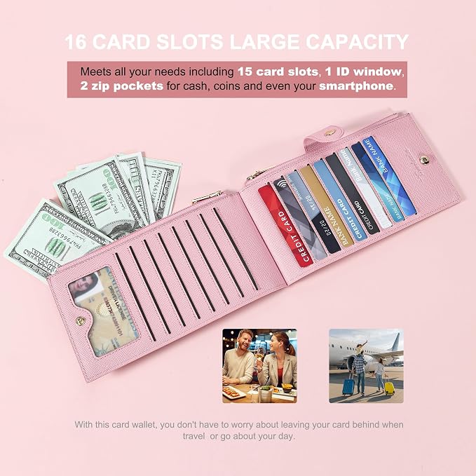 Travelambo RFID Wallet Women Large Size Bifold Multi Card Wallet Case with Zipper Pocke Credit Card Holder for Women
