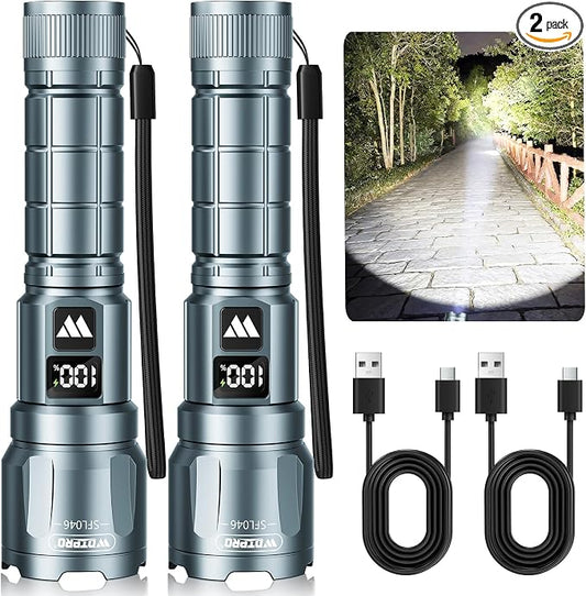 WdtPro Rechargeable Flashlights 2 Pack, Powerful Handheld Flashlight - Grey | LED High Lumens, LCD Battery Display, Zoomable 3 Modes, IP65 Waterproof, Tactical, For Home Emergencies Camping Outdoor