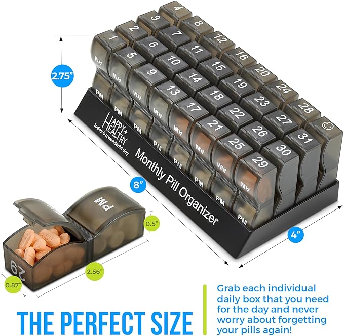 Monthly Pill Organizer - Am/Pm Daily Pill Organizer 32 Compartments for Each Day, Pill Dispenser and Dispenser Caddy That Helps You Organize Your Life, Perfect for Supplements and Medication, Black