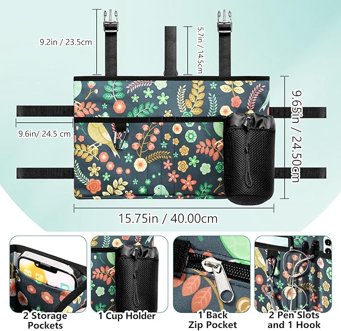 Rhino Valley Walker Bag, Multi Pockets Folding Walker Basket Tote Bag with Cup Holder, Hand-free Carry Pouch Storage Bag for Universal Walkers, Large Capacity Organizer for Seniors Elderly, Birds