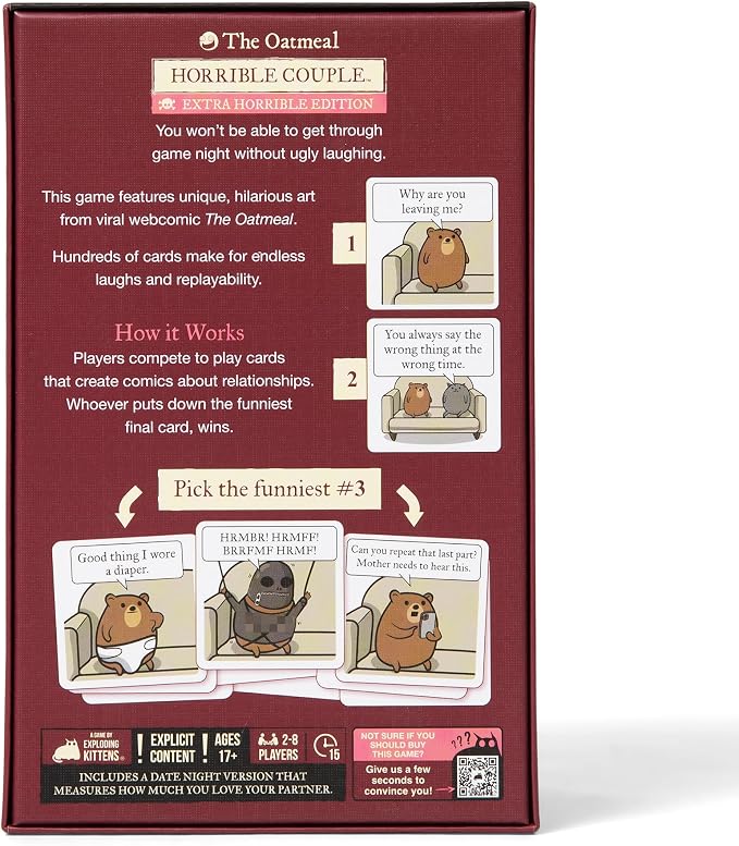 Exploding Kittens Horrible Couple Extra Horrible, for 2-8 Players, Age 17+ | Create darkly funny comics with questions, responses, and absurd compromises. Play as a couple or with friends! Adults only!