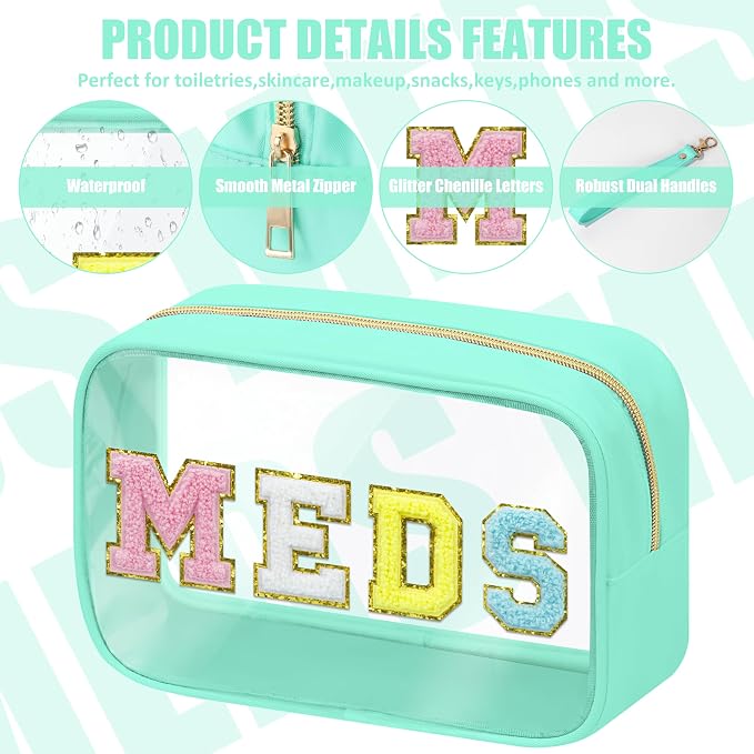 BuyCard 2 Pcs Medicine Chenille Letter Bag Preppy Clear Makeup Meds Pouch for Travel Nylon & PVC Transparent Cosmetic Bag Preppy Patch Toiletry Storage for Women Girls Green
