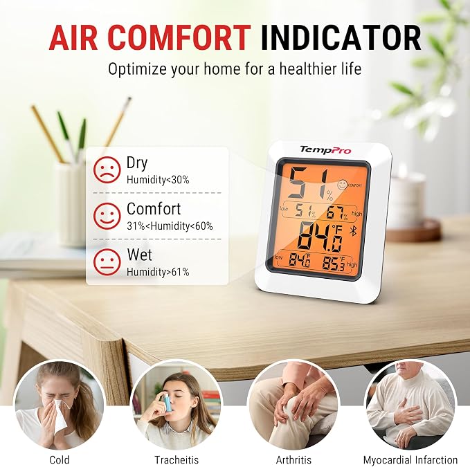 TempPro TempAir Bluetooth Hygrometer Thermometer for Greenhouse Up to 260ft | Room Indoor Thermometer Humidity Monitor, Humidity Meter Temperature Sensor with 2-Year Data Export&Large Backlit Display