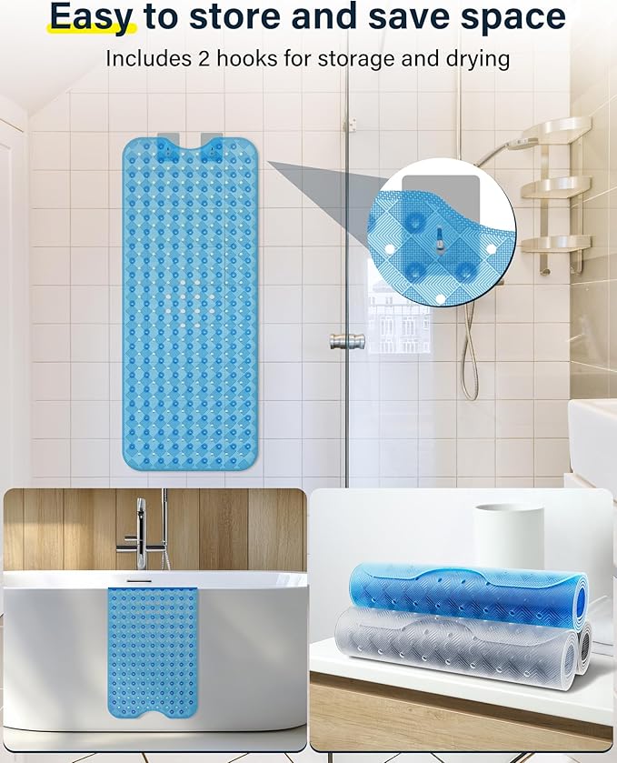 Non Slip Bathtub Mat for Tub & Shower, Machine Washable 40"x16" Anti Slip Bath Mat with 2 Hooks, Soft & Comfortable and Extra Largefor Families, Clear Blue
